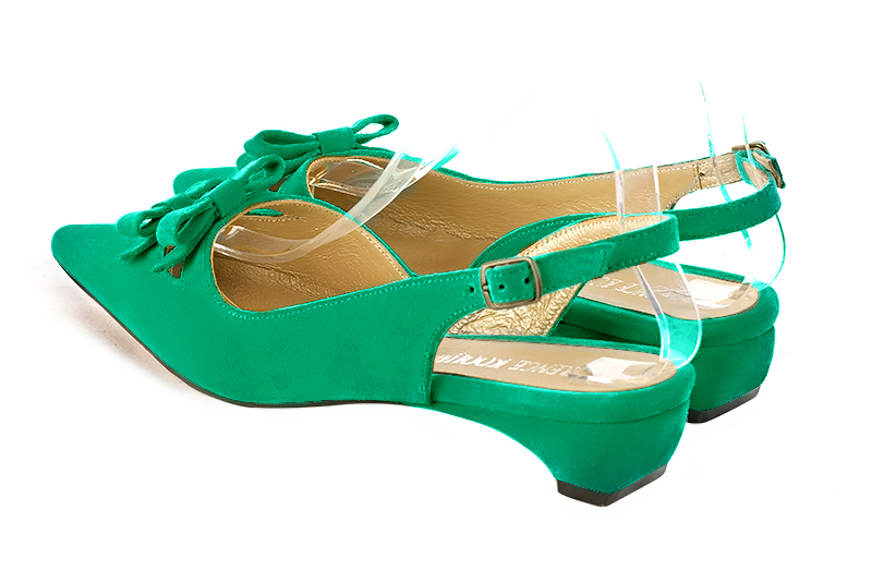 Emerald green women's open back shoes, with a knot. Pointed toe. Flat kitten heels. Rear view - Florence KOOIJMAN